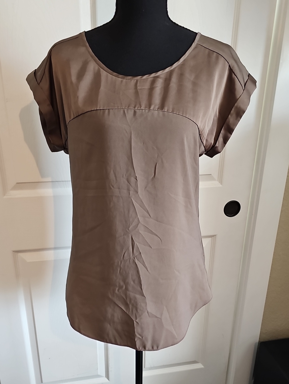 Express Taupe Short-Sleeve Satin-Panel Blouse